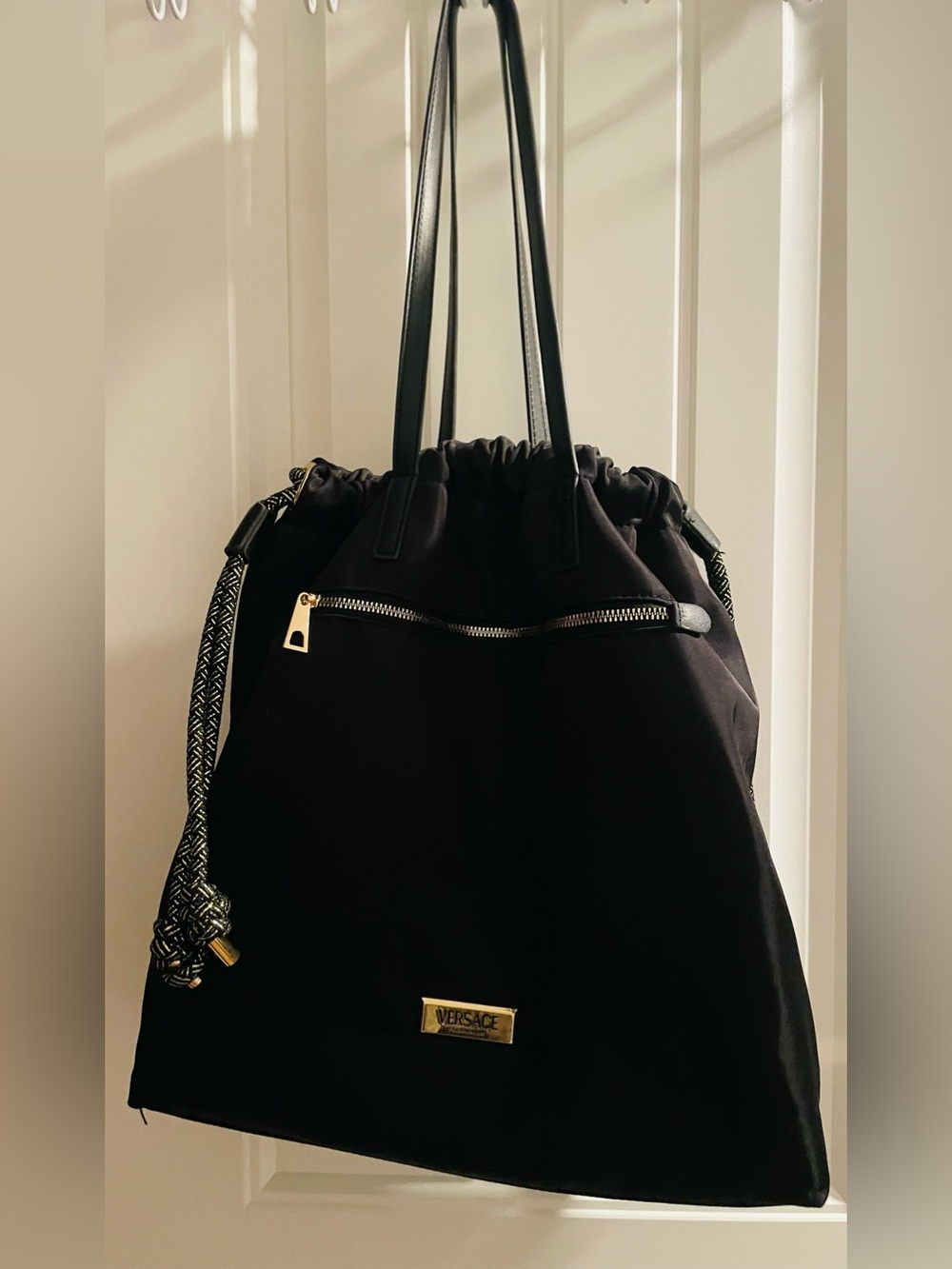 Versace Parfums Black Nylon Drawstring Tote Gold Hardware Shoulder Bag